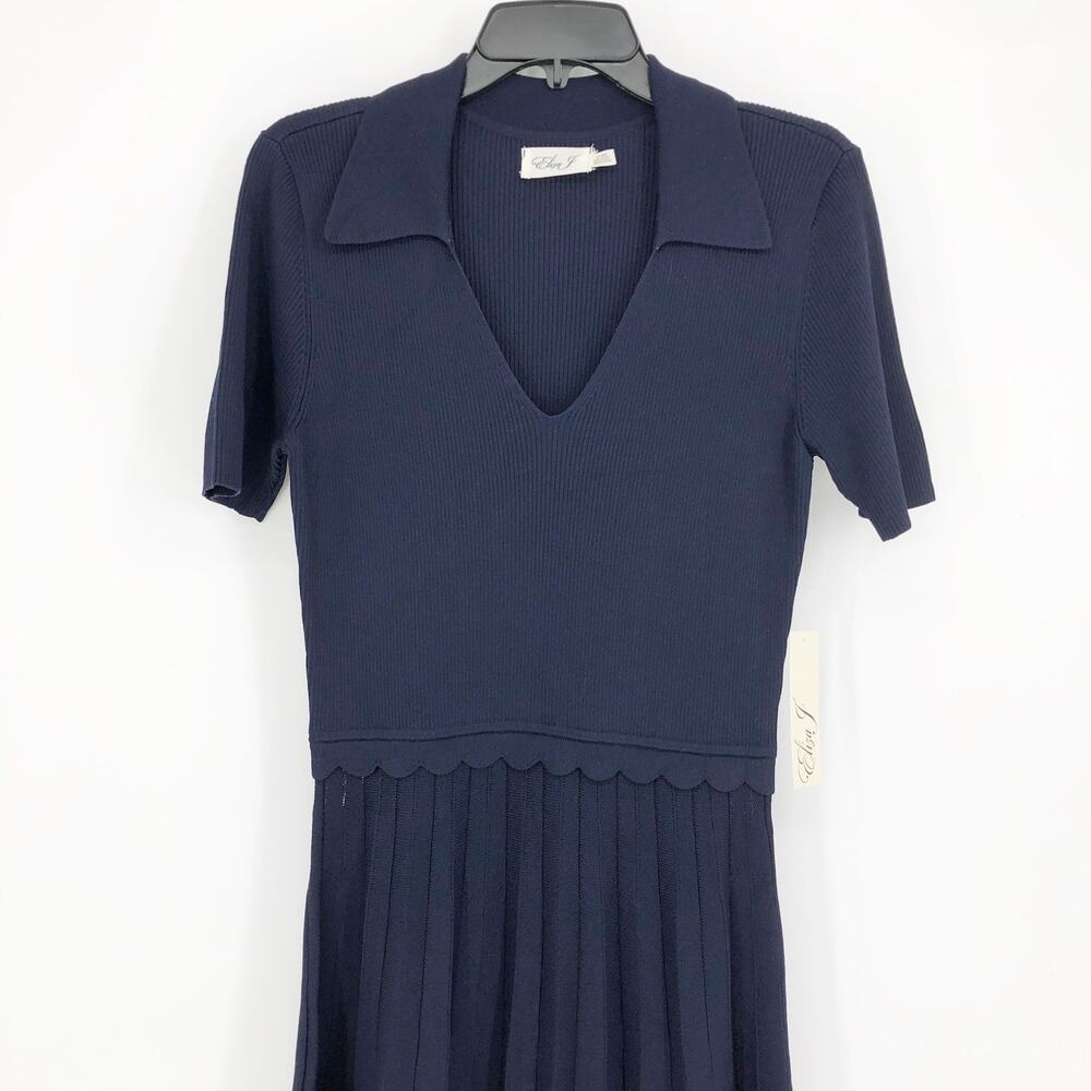 Eliza J Womens Fit & Flare Dress Small Navy Blue Ribbed Knit Johnny Collar NWT - Picture 4 of 14
